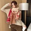 Elegant floral cashmere scarf in beige and red with decorative tassels and a warm feel - Magnolia Fragrance-Red