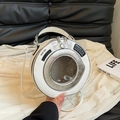 Unique white washing machine style round bag in PU leather with a top handle - White