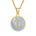 Collier en acier inoxydable doré 18K avec pendentif rond en nacre et lettre L - Lettre L (Chaîne Incluse)
