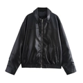 Close-up of black faux leather bomber jacket featuring front zipper and lapel collar details - XS / Black
