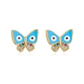 Close-up of 18K gold plated butterfly studs with blue enamel and colorful zircon - Gold Butterfly - Blue Enamel