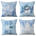 Set of 4 Christmas pillow covers in ice blue with snowman and snowflake designs - Ice Blue Snowman