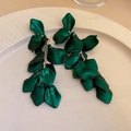 Detail of dark green rose petal earrings with gold chain fringe on a white plate - Steel Needle Style (9#)