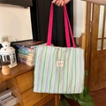 Striped canvas tote bag in green, purple, and white with vibrant pink handles - Green Stripe