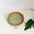 Round 28cm handwoven rattan tray with green leaf pattern and side handles - Full Leaves / Large 28x3cm