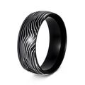 Black titanium steel ring with silver Damascus wave pattern and smooth inner finish - 8mm Wide / US 6