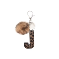Leopard print letter J keychain with brown pom pom and silver metal hardware charm - Leopard Letter J