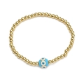 Golden beaded bracelet featuring a central blue Evil Eye ceramic charm on white backdrop - Single Blue Eye Gold Style (BE831GD00)