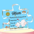 Acrylic puzzle piece ornament for Mum with rainbow and elephant design on blue background - Mum Cartoon Style (Q35)