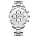 Fashion silver steel business watch for men with white dial and triple sub-dial calendar - White Dial Silver Hands Silver Band (Fork End)