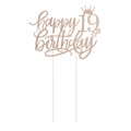 Nahaufnahme von roségoldenem Glitzer Happy 19th Birthday Tortenaufsatz mit Krone und Stern - 19. Geburtstag (Stil 19) / Roségold