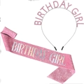 Pink glitter Birthday Girl sash and rhinestone tiara crown set for girls' parties - Headband Sash Set / Pink Headband + Pink Holographic Sash Set
