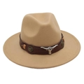 Close-up of western felt hat with leather band and silver bull head metal buckle - One Size(Adjustable) / Camel