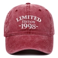 Close-up of vintage burgundy washed cotton baseball cap with Limited Edition 1998 embroidery - Adjustable / Burgundy