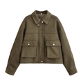 Olive green faux suede jacket with lapel collar and flap pockets in a flat lay view - XS / Army Green