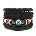 Macro detail of multi-layer leather bracelets with blue evil eye and woven textures - Black Matte Beads Tribal Style (RH268-3)