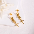 Gold cross chain tassel earrings in a minimalist style shown on a clean white background - Chain Cross / Gold