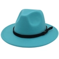 Detail of turquoise wool fedora hat featuring a black leather band with golden buckle - Lake Blue