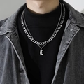 Men's double-layered silver Cuban chain necklace with a Gothic letter E pendant charm - Letter I (Double Chain + Pendant)