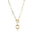 Detail of gold paperclip link necklace featuring a stylish toggle clasp and circular pendant - Letter O