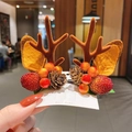 Christmas reindeer antler hair clips with pine cones and berries on card - 18# Raspberry Pine Cone Brown Antler Pair Clips