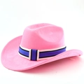 Detailansicht eines rosa Wildleder-Cowboyhuts mit einem bunt gestreiften Dekoband - M (56-58cm) / Magenta