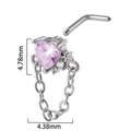 L-shaped silver nose stud featuring a purple heart zircon and delicate hanging chain - Silver Purple Heart Chain
