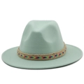 Detail of wide brim mint green wool fedora hat with bohemian woven geometric band - Mint Green