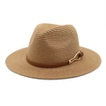 Dettaglio cappello di paglia marrone modello Panama con cinturino in pelle e fibbia - M (56-58cm) / Cachi