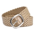 Elegant beige woven PU leather belt for women featuring a silver square pin buckle - Khaki
