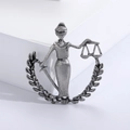 Antique silver Lady Justice brooch featuring laurel wreath and scales for party gift - Brushed Antique Tin