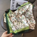 Elegant floral and butterfly print square silk scarf in green and creamy white - 70*70cm / 30212-Green Floral Butterfly