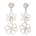 Elegant silver line flower drop earrings with white pearls in 316L stainless steel - Linear Flower Studs - Steel Color
