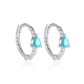 Macro detail of S925 silver hoop earrings with twisted texture and teardrop turquoise stone - Silver-Turquoise Zirconia