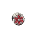 Silberne Perle mit rot-klarem Kristallblumenmuster und hohlen Herzseiten für Armbänder - Rot