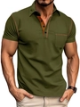 Men's slim fit polo shirt in olive green with contrasting brown stitching and chest pocket - Army Green