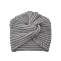 Close-up of grey knit turban hat with cross knot design and thick woven texture - One Size / Light Gray