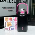 Θερμός Obsidian Black 490ML για παιδιά με ροζ αυτιά και χαριτωμένα αυτοκόλλητα σχέδια - 490ml / Μαύρο Οψιδιανού