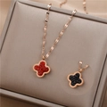 Double-sided black and red four-leaf clover necklace with gold chain on jewelry box - Clover Style (8809) / Rose Gold