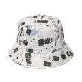 Detailed view of canvas bucket hat featuring space cat prints and meow graphic - Beige Space Cat Meow