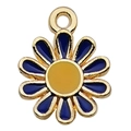 Golden flower charm with dark blue enamel petals and yellow center for DIY jewelry - 1 Piece (11.4x14.6mm)