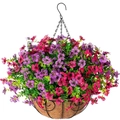 Close-up of artificial violet basket with pink flowers and coconut fiber liner - Rose Purple