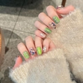 Short green cat-eye press-on nails with sparkling sequins and pearl accents on hand - Extra Small (XS) / 2728-Short Trapezoid