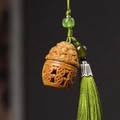 Carved wood sachet pendant with green beads and silky tassel in traditional style - Approx. 3.5x2.3cm / Green Sandalwood Treasure Bowl Style - No Aroma Pill