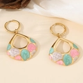 Golden teardrop earrings with pink floral enamel inlay on elegant silk background - Pink Blue White Rose