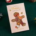 Pink gingerbread man cutout Christmas card with gold foil lettering on green background - Beige Gingerbread Man - Greeting Card