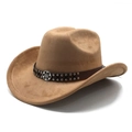 Close-up of khaki suede cowboy hat featuring a studded leather band and metal badge - M (56-59cm) / Khaki