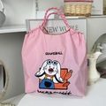 Pink nylon shoulder bag with white rabbit embroidery and braided handles in a chic setting - Pink Carrot Rabbit