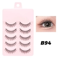Natural long false eyelashes set model B94 with 5 pairs and eye makeup effect display - B94 Cotton Thread Stem - 5 Pairs