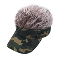 Detail of creative camouflage visor with realistic brown synthetic wig hair on top - Dark Green Camo With Brown Hair